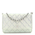 Iridescent Calfskin Quilted Wallet On Chain WOC Light Blue wholesalehk.shop
