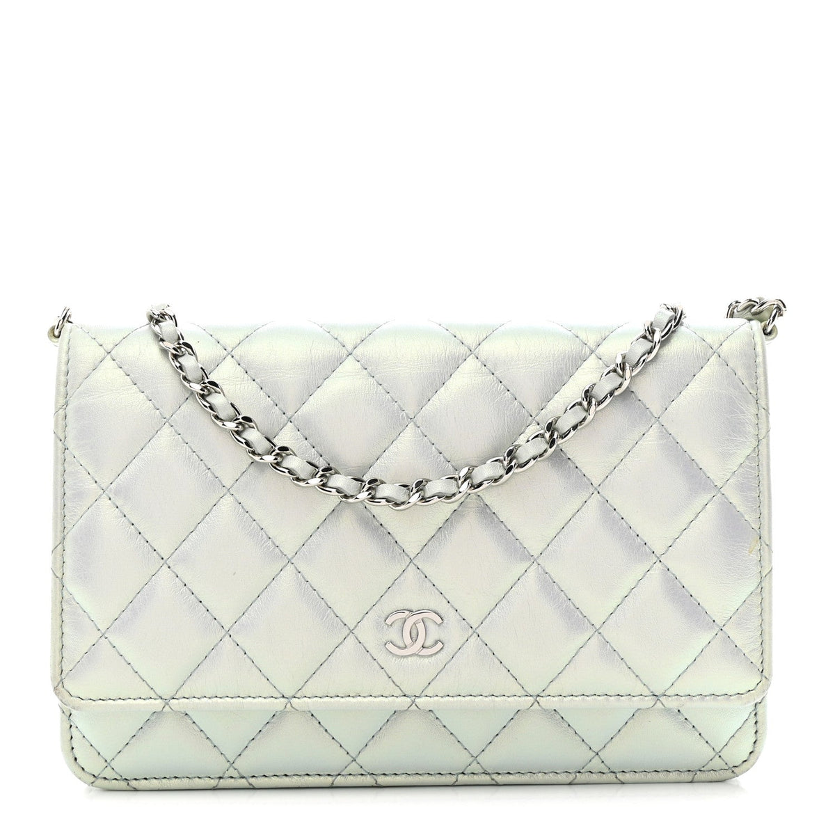 Iridescent Calfskin Quilted Wallet On Chain WOC Light Blue wholesalehk.shop