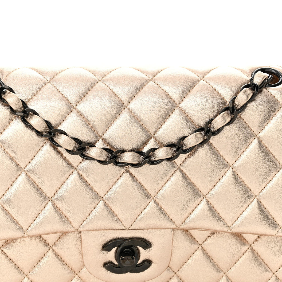 Metallic Lambskin Quilted Medium Double Flap Gold Black wholesalehk.shop
