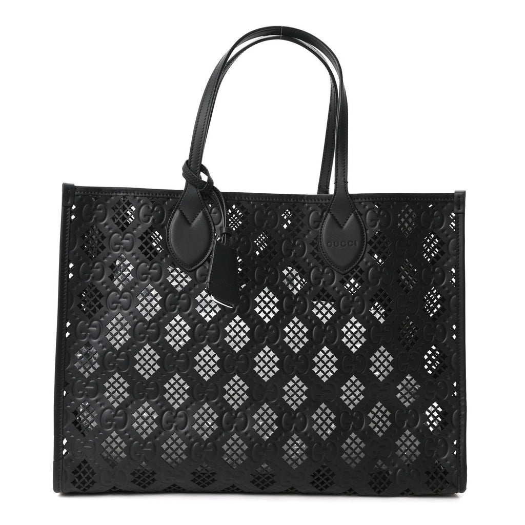 Calfskin GG Monogram Diamond Cut Medium Ophidia Tote Bag Black wholesalehk.shop