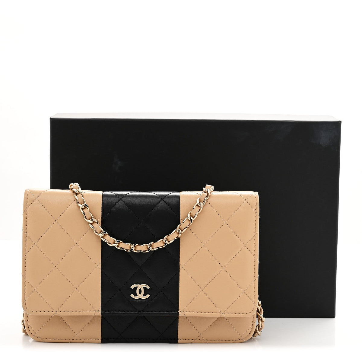 Lambskin Quilted Wallet On Chain WOC Beige Black wholesalehk.shop