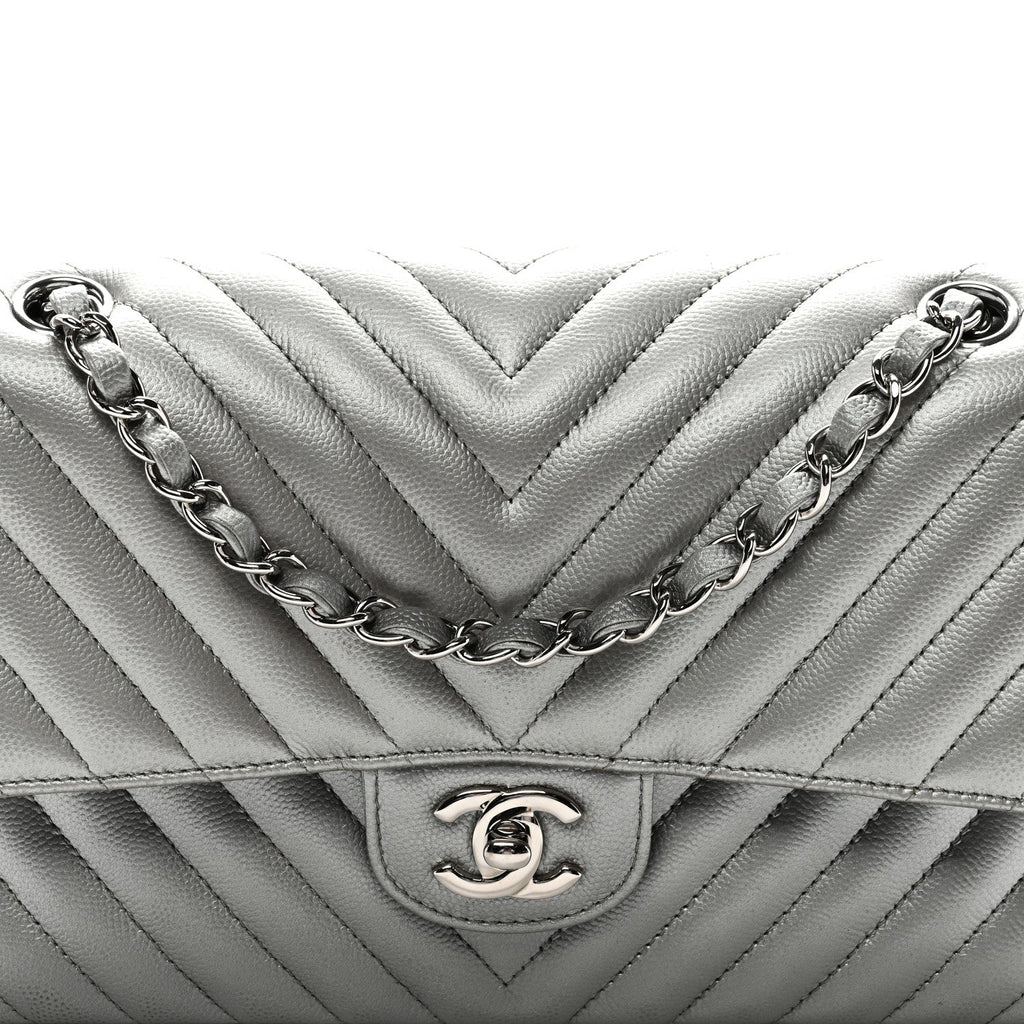 Metallic Caviar Chevron Quilted Medium Double Flap Silver wholesalehk.shop
