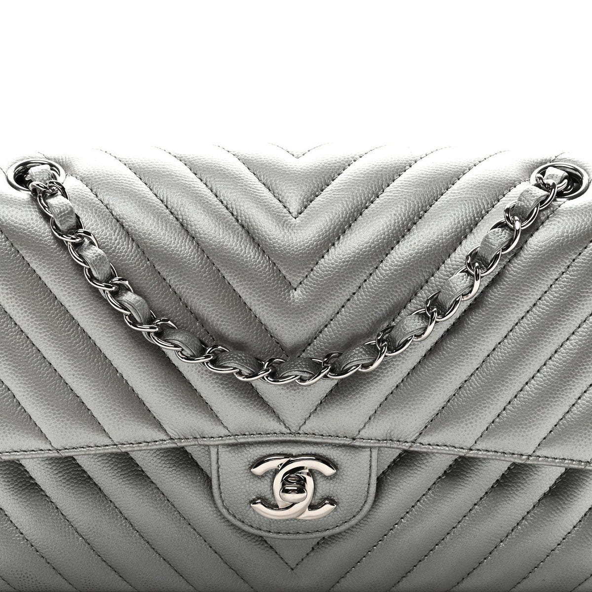 Metallic Caviar Chevron Quilted Medium Double Flap Silver wholesalehk.shop