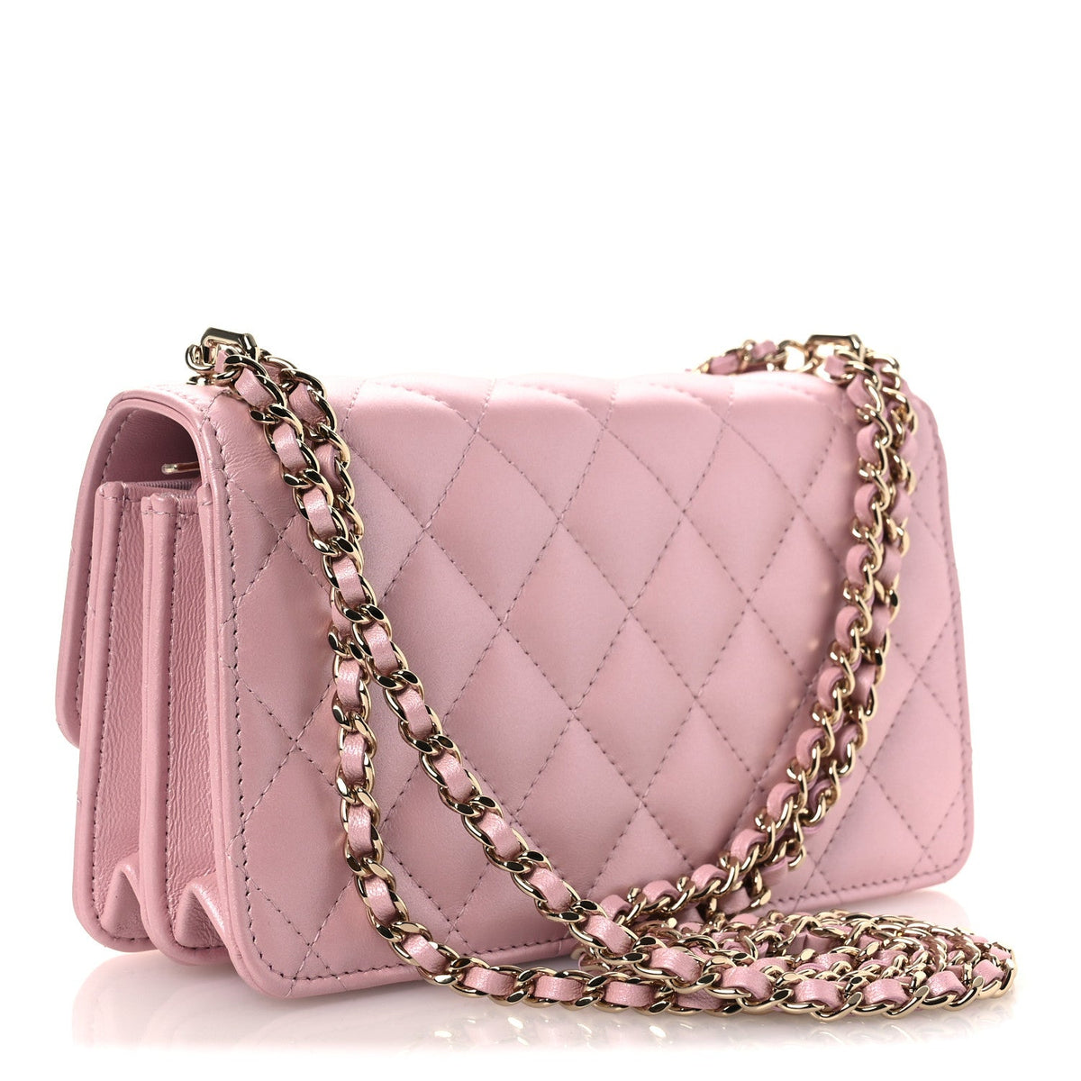Pearly Lambskin Quilted Charms Wallet On Chain WOC Light Pink wholesalehk.shop