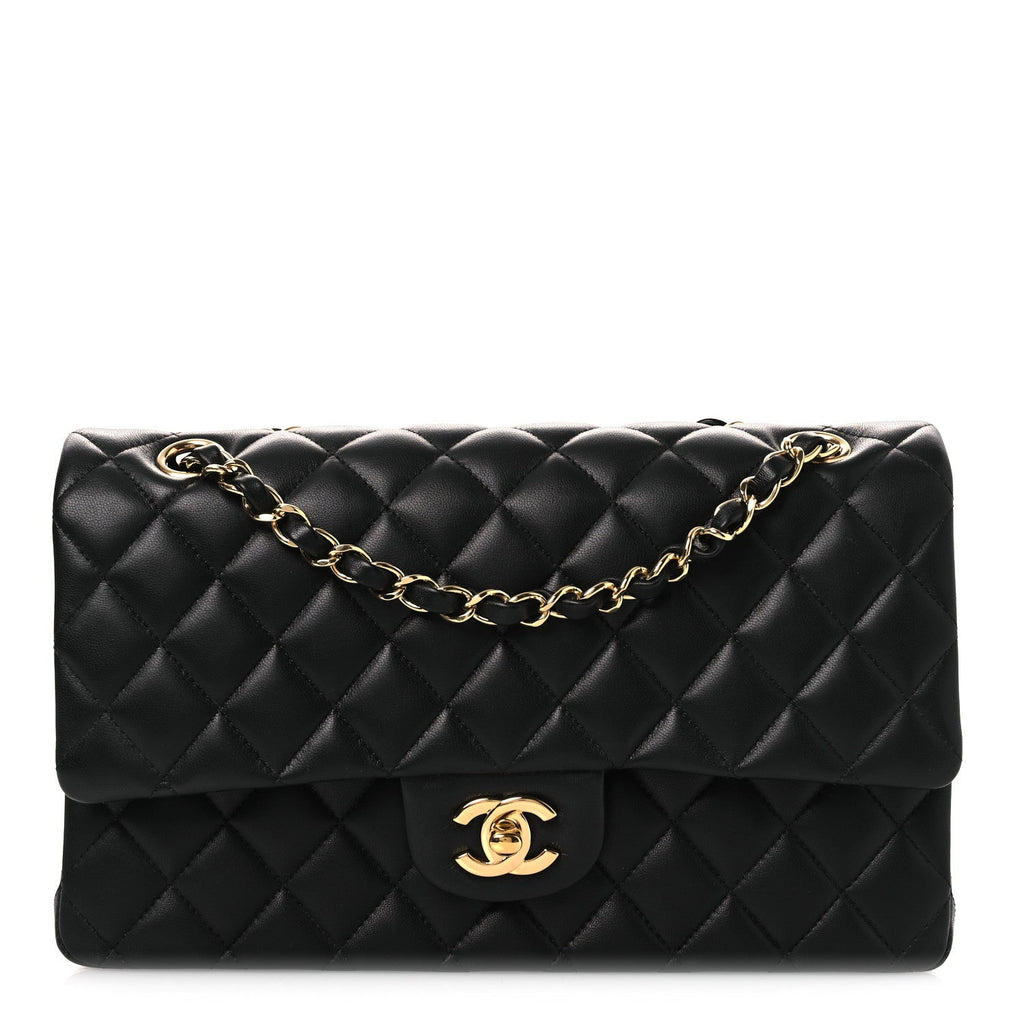 Lambskin Quilted Medium Double Flap Black wholesalehk.shop