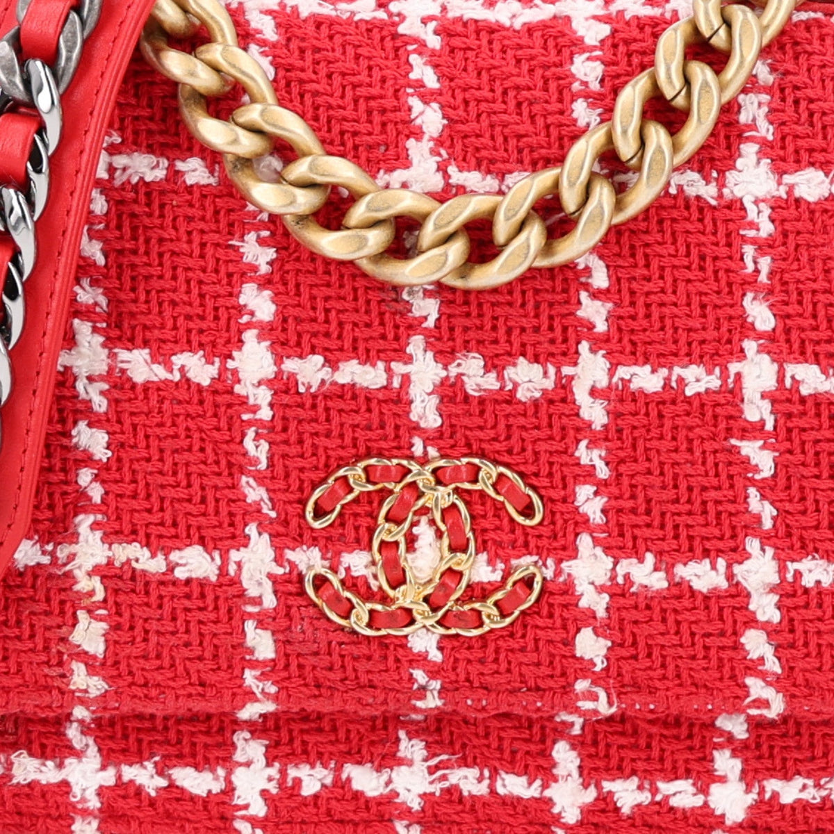 Tweed Quilted Chanel 19 Wallet On Chain WOC Red White wholesalehk.shop