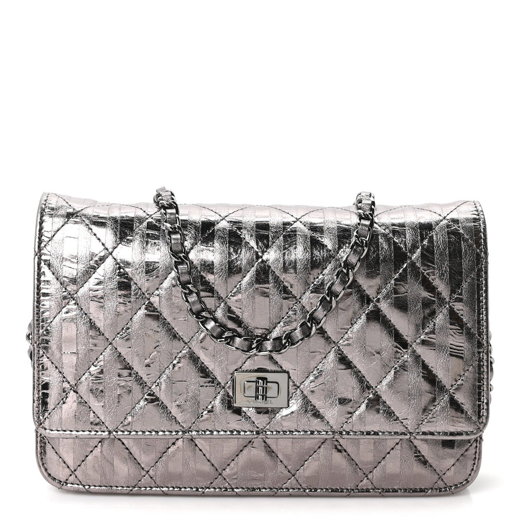 Metallic Striped Calfskin Reissue Wallet On Chain WOC Silver wholesalehk.shop