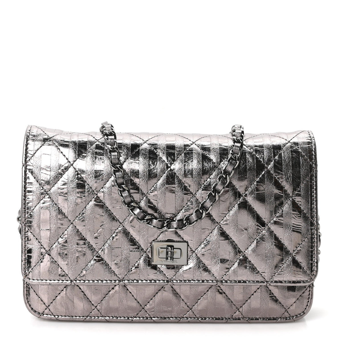 Metallic Striped Calfskin Reissue Wallet On Chain WOC Silver wholesalehk.shop