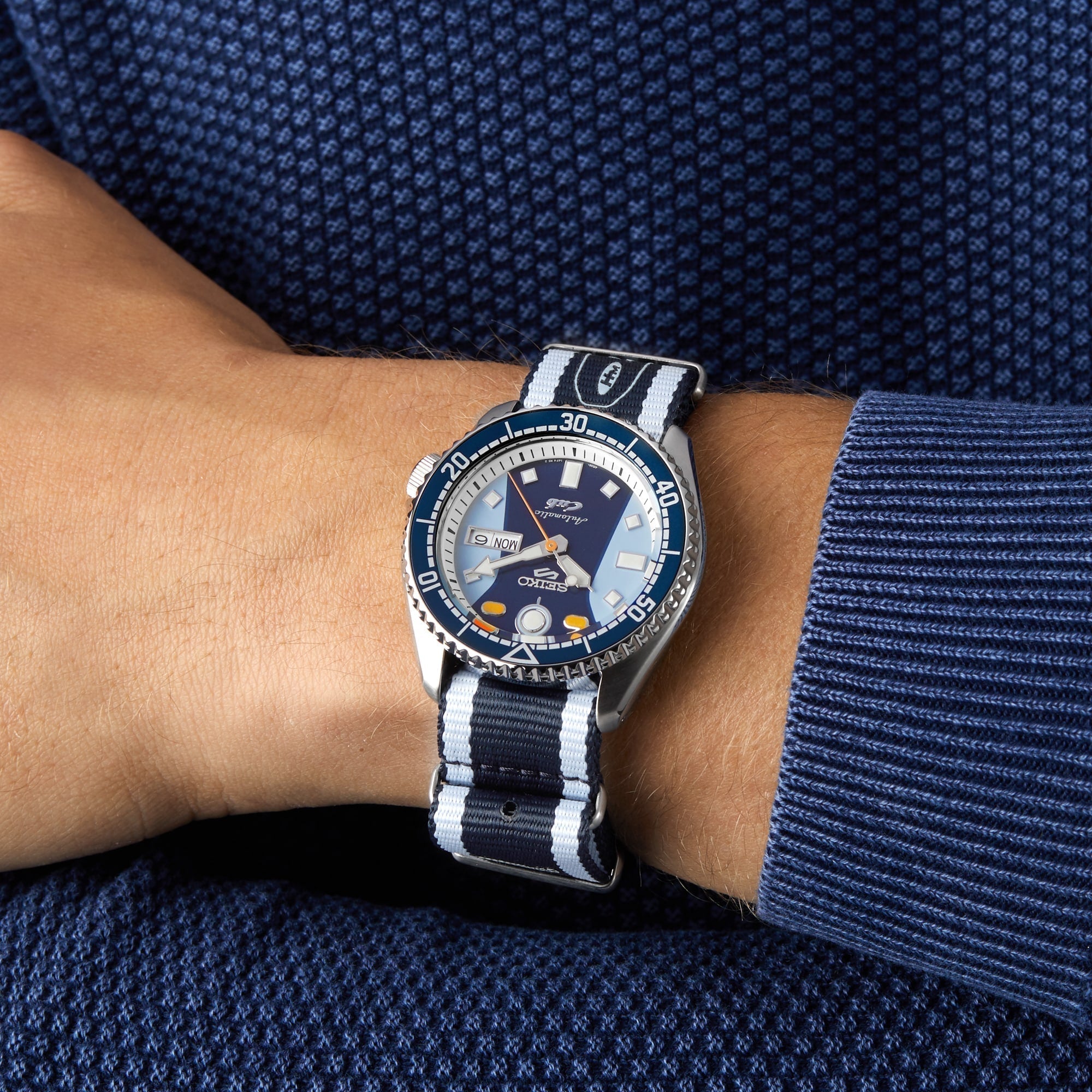 Seiko 5 Sports Honda Super Cub Limited Edition Blue Dial Two Tone NATO Strap Watch For Men - SRPK37K1 wholesalehk.shop