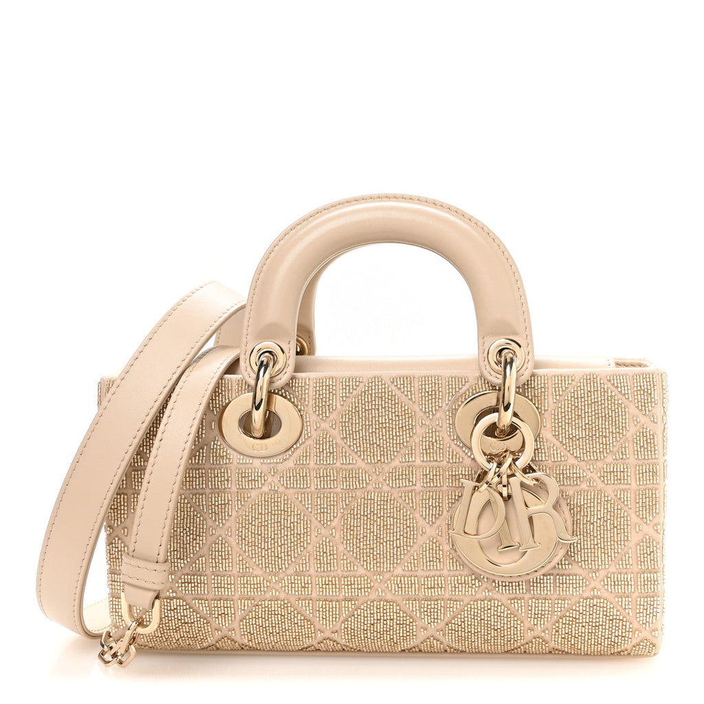 Lambskin Cannage Beaded Embroidered Micro Lady D-Joy Beige wholesalehk.shop