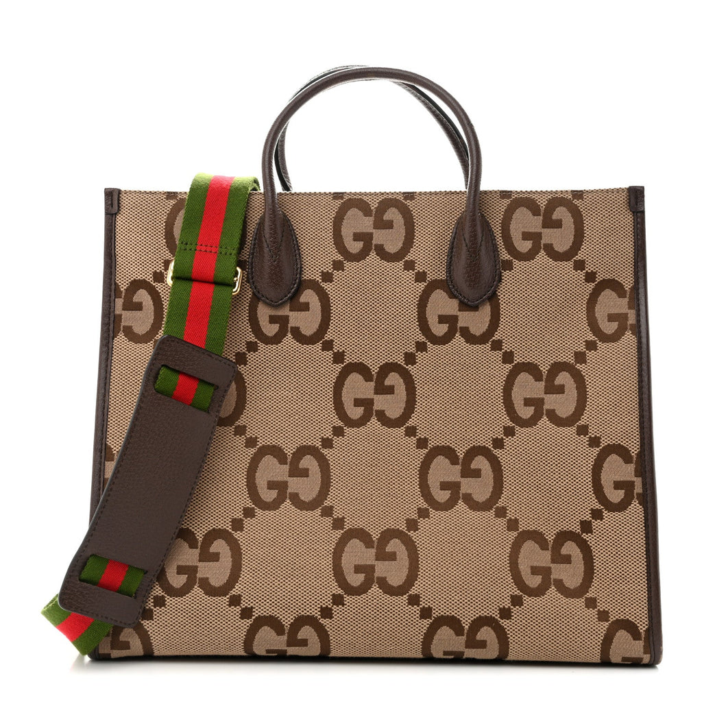 Monogram Jumbo GG Textured Dollar Calfskin Web Tote Bag Camel Ebony New Acero wholesalehk.shop