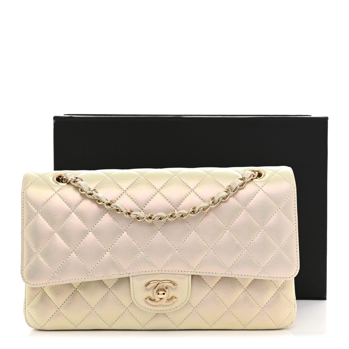 Iridescent Lambskin Quilted Medium Double Flap Ivory wholesalehk.shop