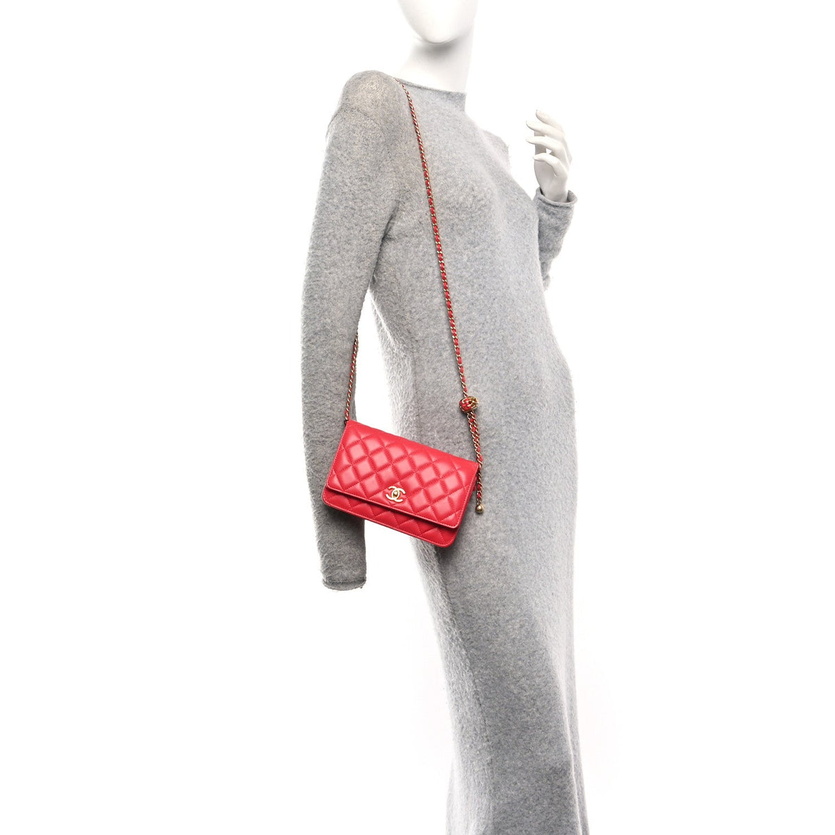 Lambskin Quilted CC Pearl Crush Wallet On Chain WOC  Red wholesalehk.shop