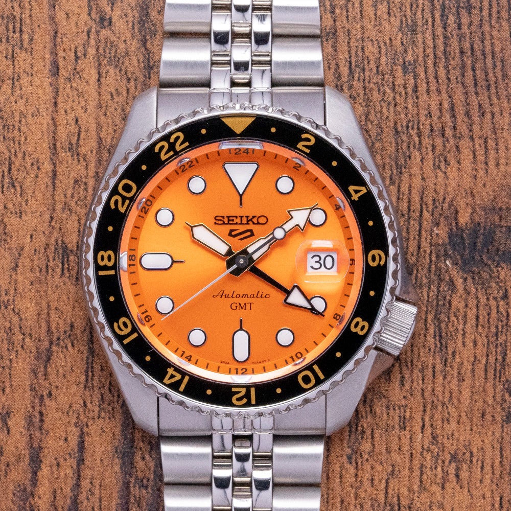 Seiko 5 Sports GMT Automatic Orange Dial Silver Steel Strap Watch For Men - SSK005K1 wholesalehk.shop