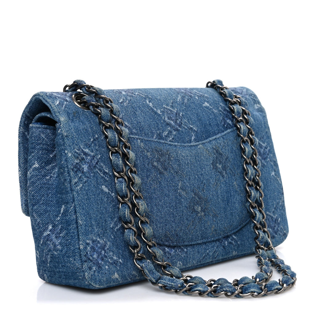 Denim Bleached Chain Medium Double Flap Blue wholesalehk.shop