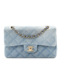 Printed Denim Quilted Small Double Flap Light Blue wholesalehk.shop