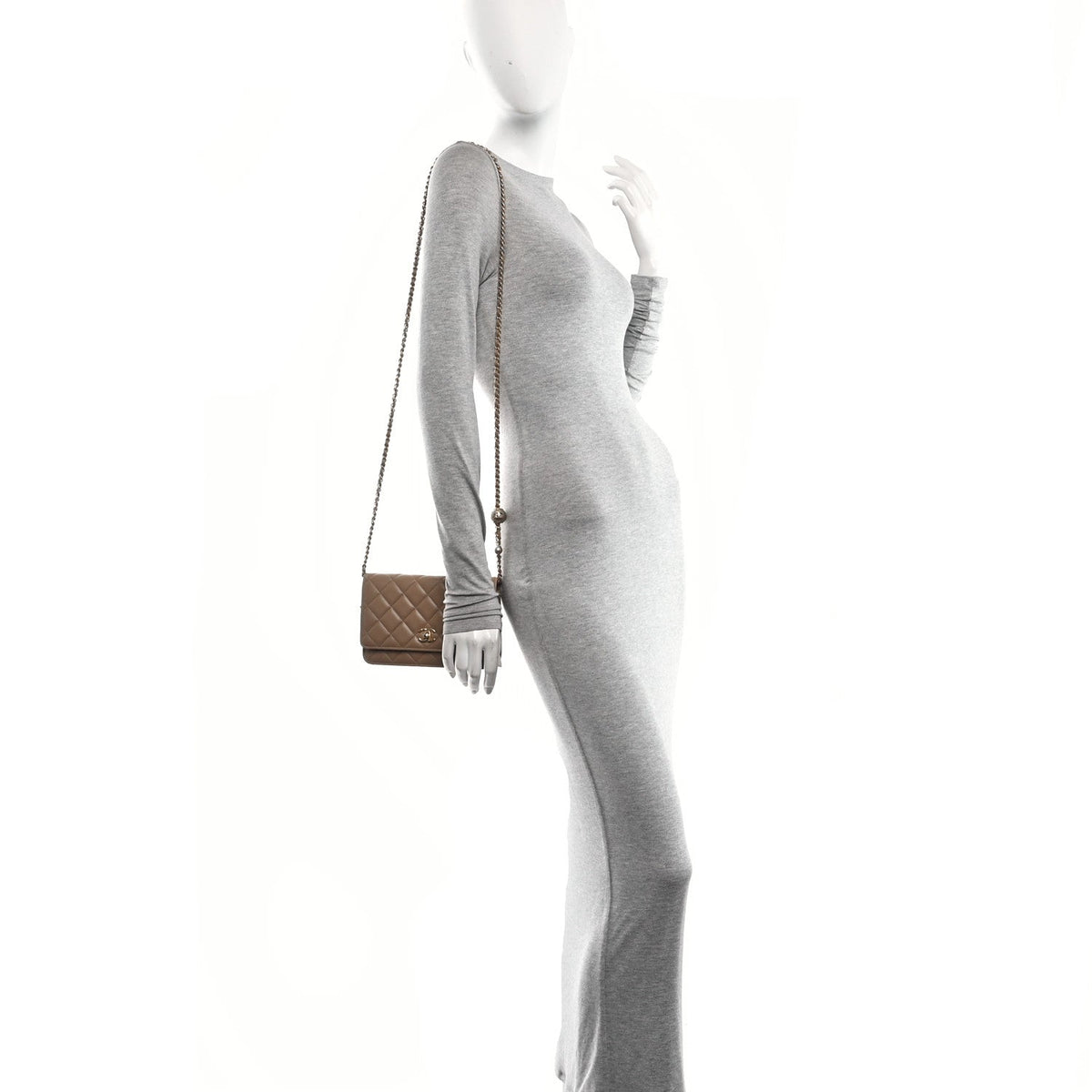 Lambskin Quilted CC Pearl Crush Wallet on Chain WOC Beige wholesalehk.shop
