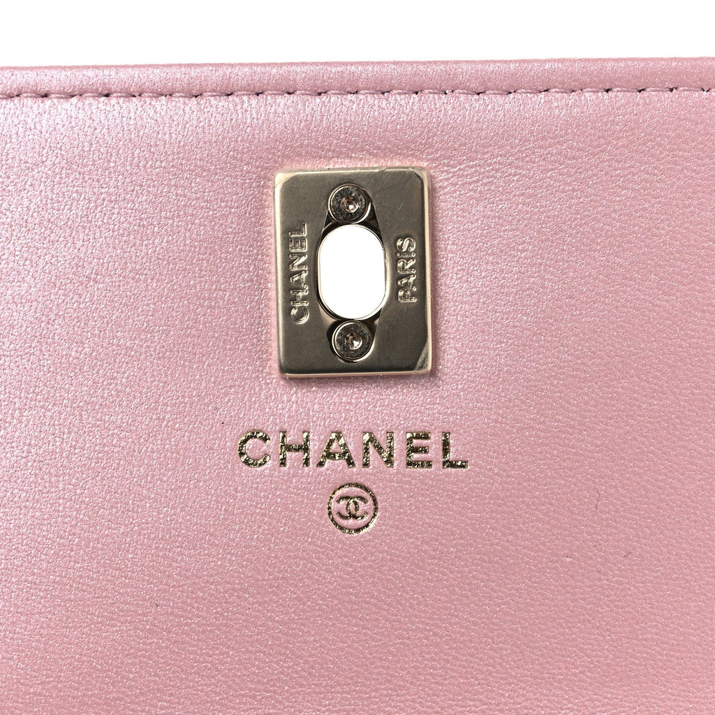 Pearly Lambskin Quilted Charms Wallet On Chain WOC Light Pink wholesalehk.shop