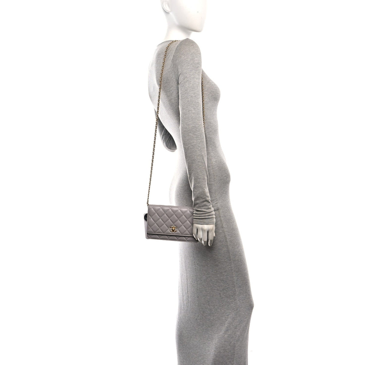Lambskin Quilted CC Pearl Crush Wallet on Chain WOC Grey wholesalehk.shop