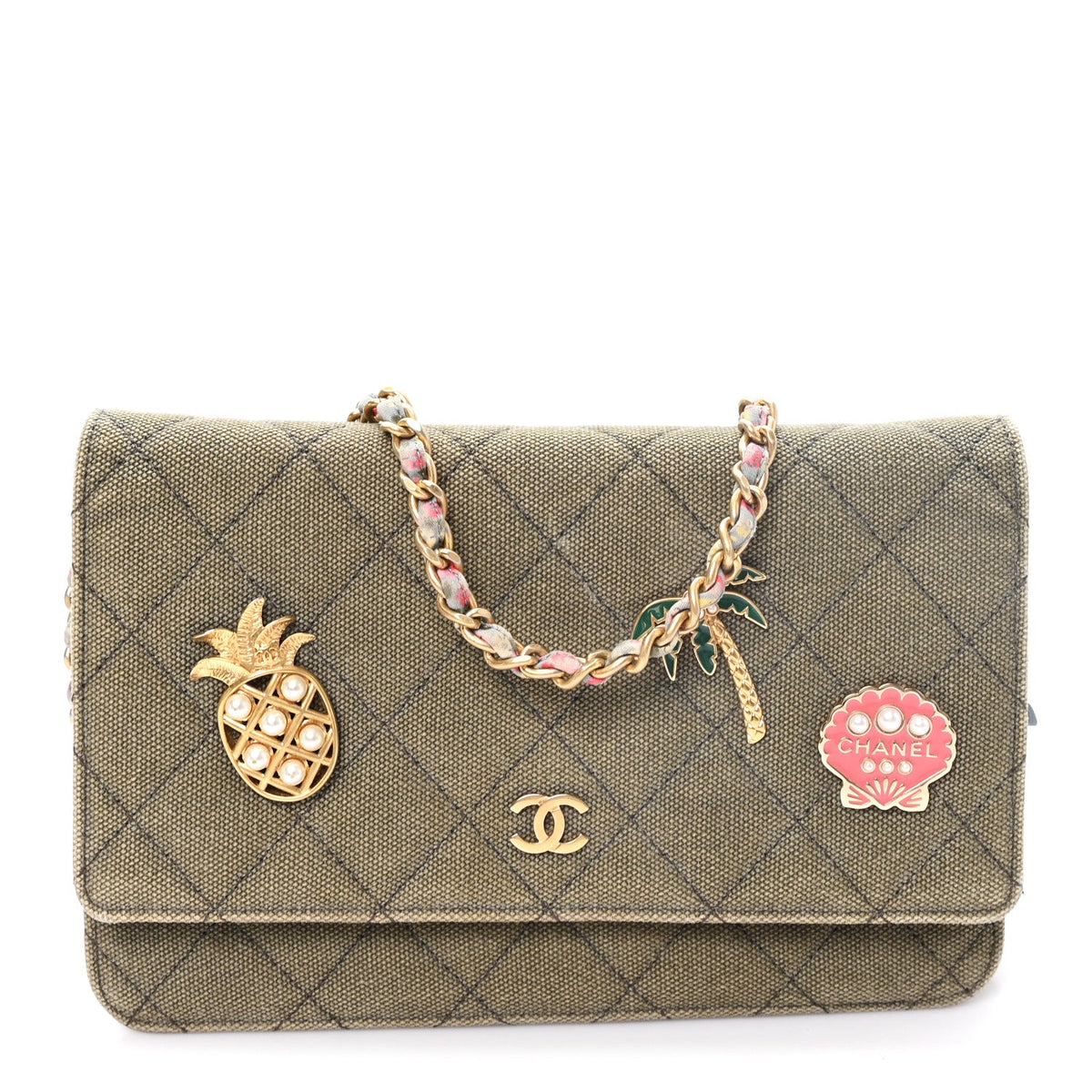 Canvas Quilted Coco Cuba Charms Wallet On Chain WOC Khaki wholesalehk.shop