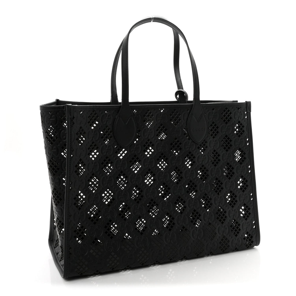 Calfskin GG Monogram Diamond Cut Medium Ophidia Tote Bag Black wholesalehk.shop
