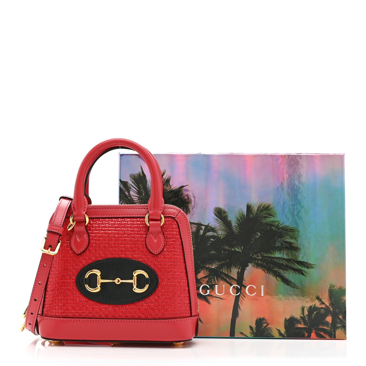 Straw Azalea Calfskin Woven Mini Horsebit 1955 Top Handle Bag Coral Wave Black wholesalehk.shop