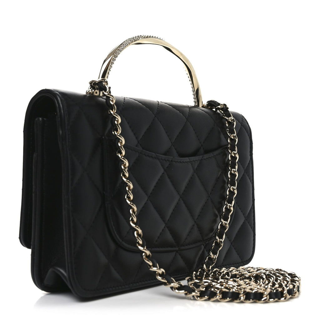 Lambskin Quilted Crystal Handle Wallet On Chain WOC Black wholesalehk.shop