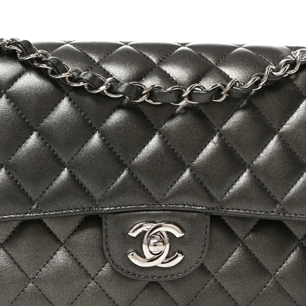Metallic Lambskin Quilted Medium Double Flap Anthracite wholesalehk.shop