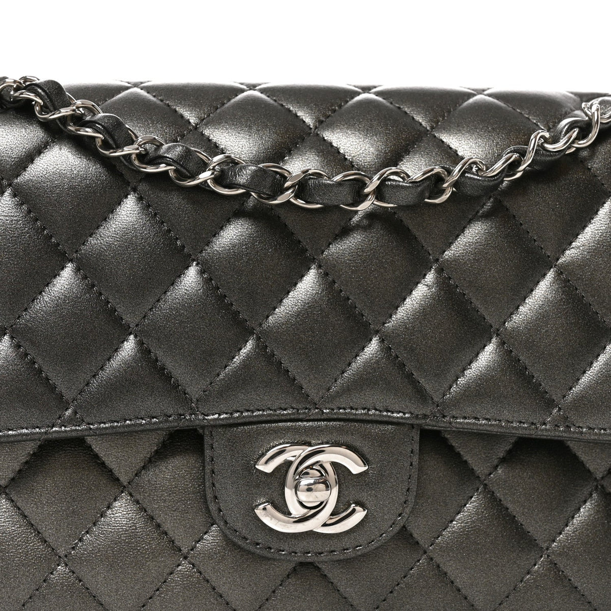 Metallic Lambskin Quilted Medium Double Flap Anthracite wholesalehk.shop