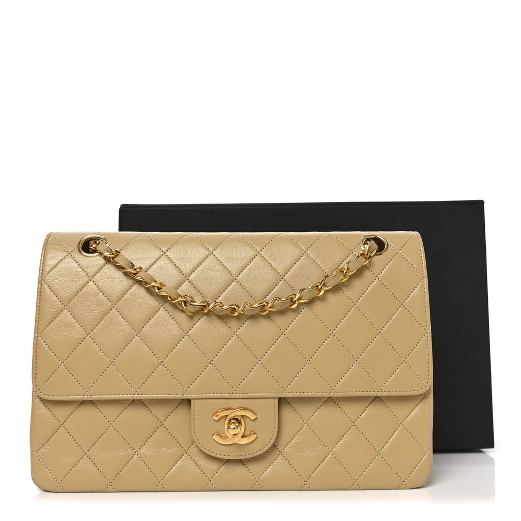 Lambskin Quilted Medium Double Flap Beige wholesalehk.shop