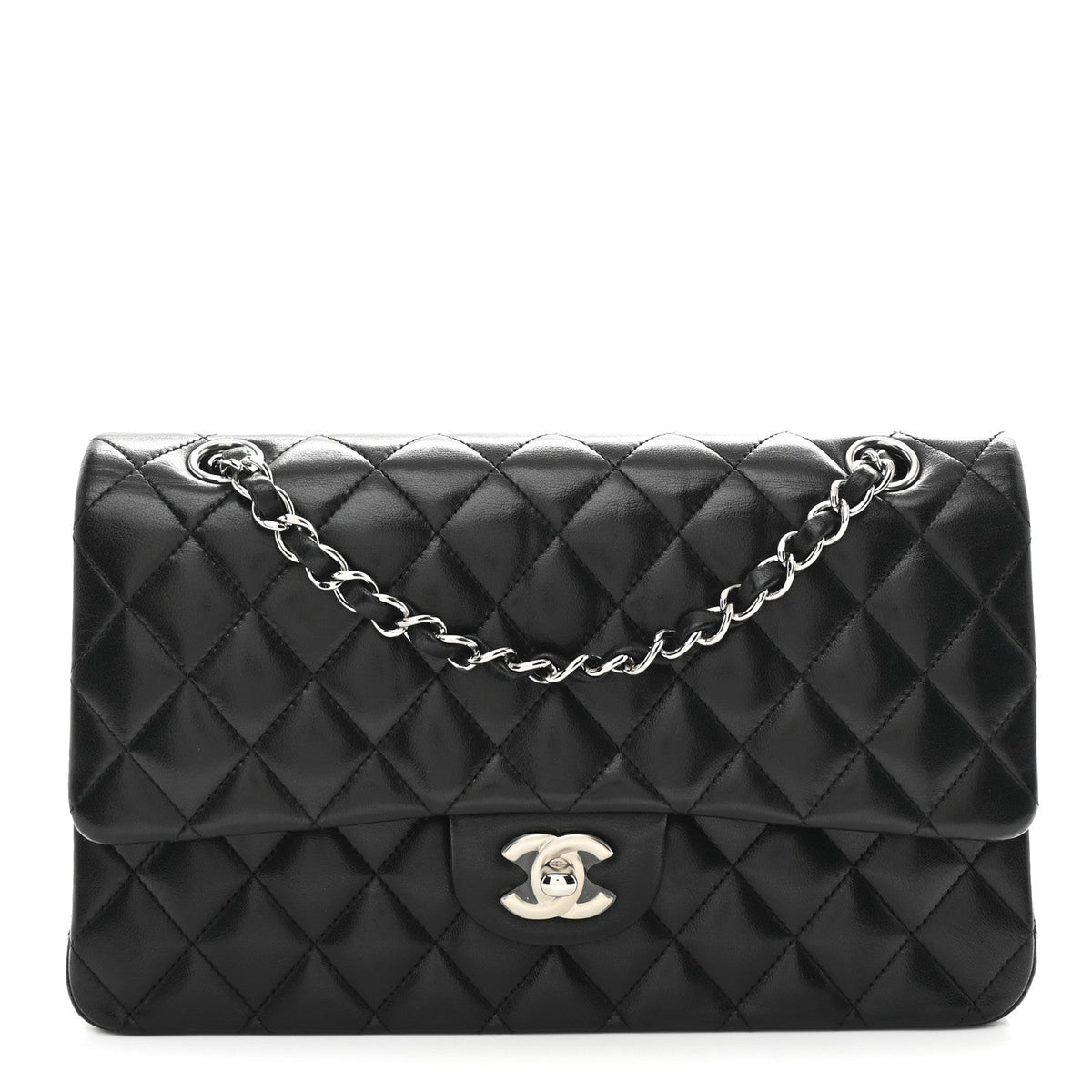 Lambskin Quilted Medium Double Flap Black wholesalehk.shop
