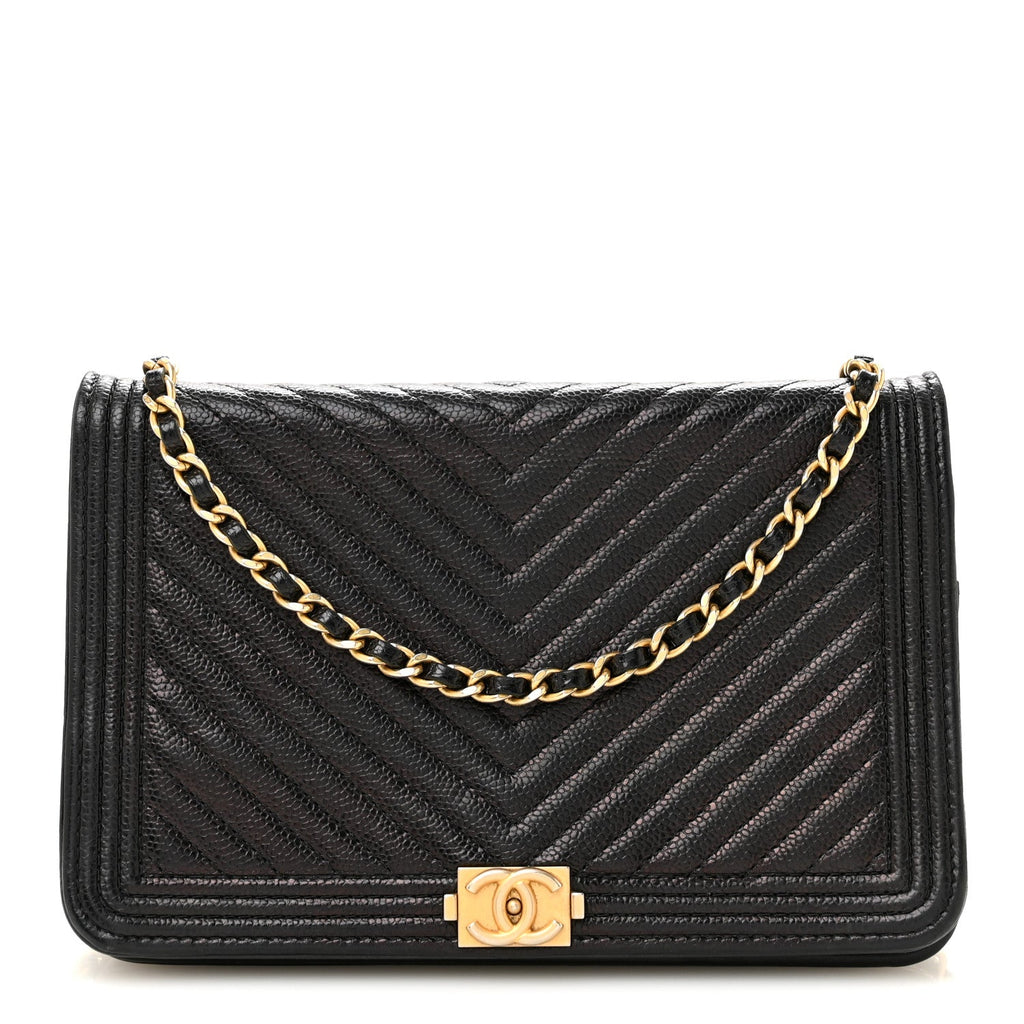 Caviar Chevron Quilted Boy Wallet On Chain WOC Black wholesalehk.shop