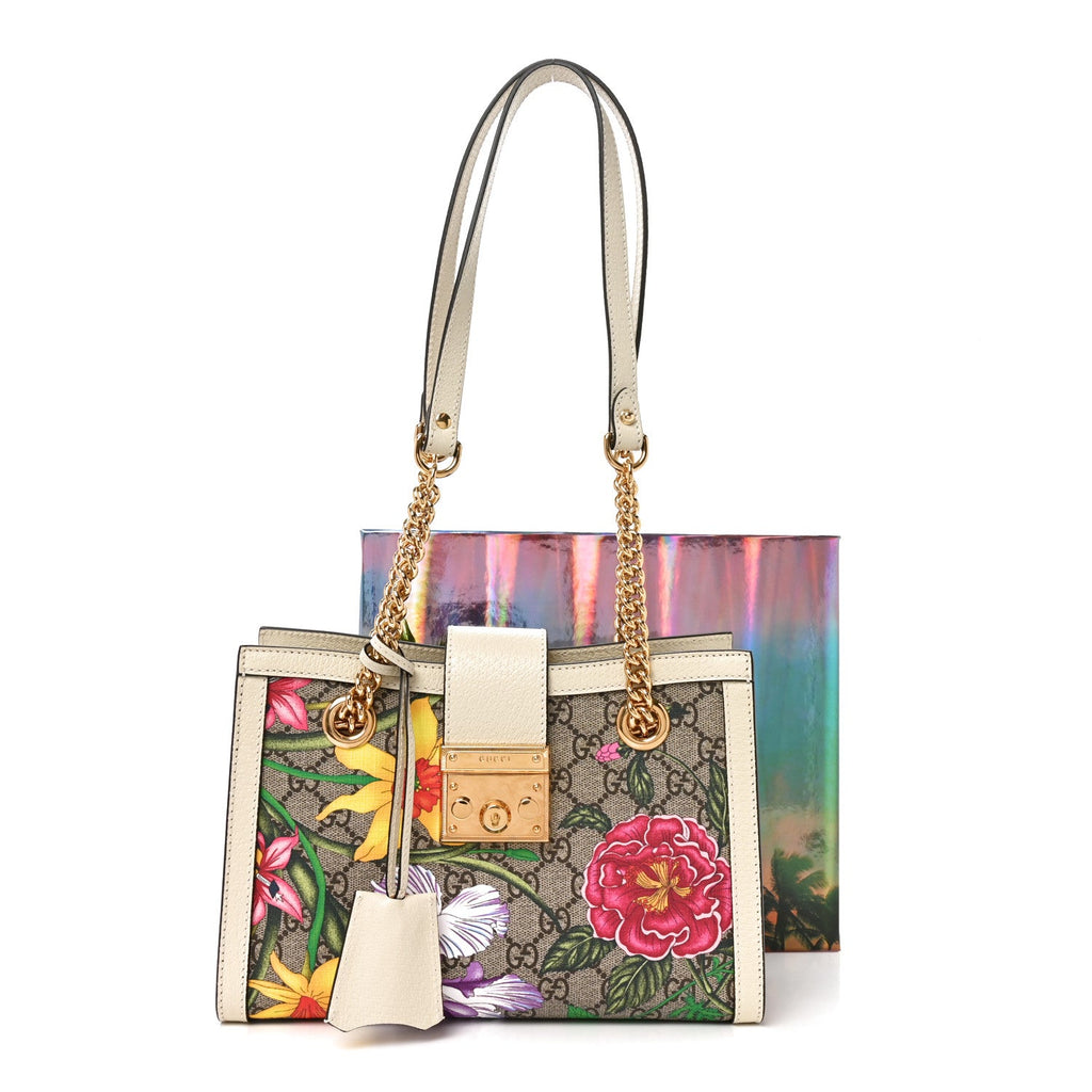 GG Supreme Monogram Flora Textured Calfskin Small Padlock Tote Beige Ebony Multicolor Mystic White £¨ Direct shipment via from wholesalehk.shop