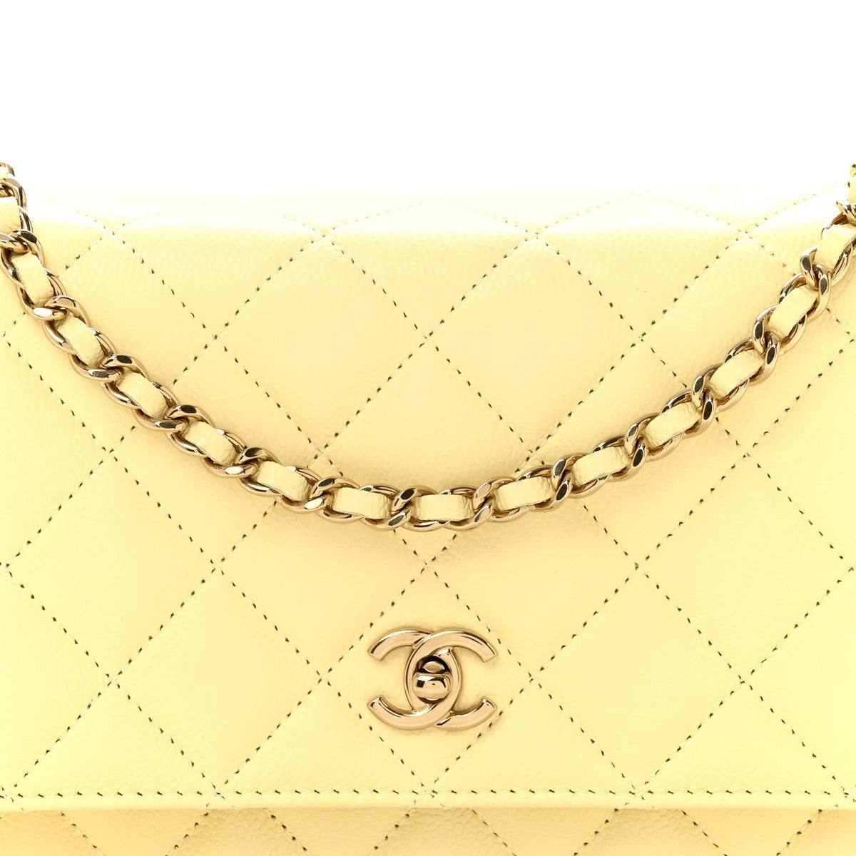 Caviar Quilted CC Turn Lock Wallet On Chain WOC Light Yellow wholesalehk.shop