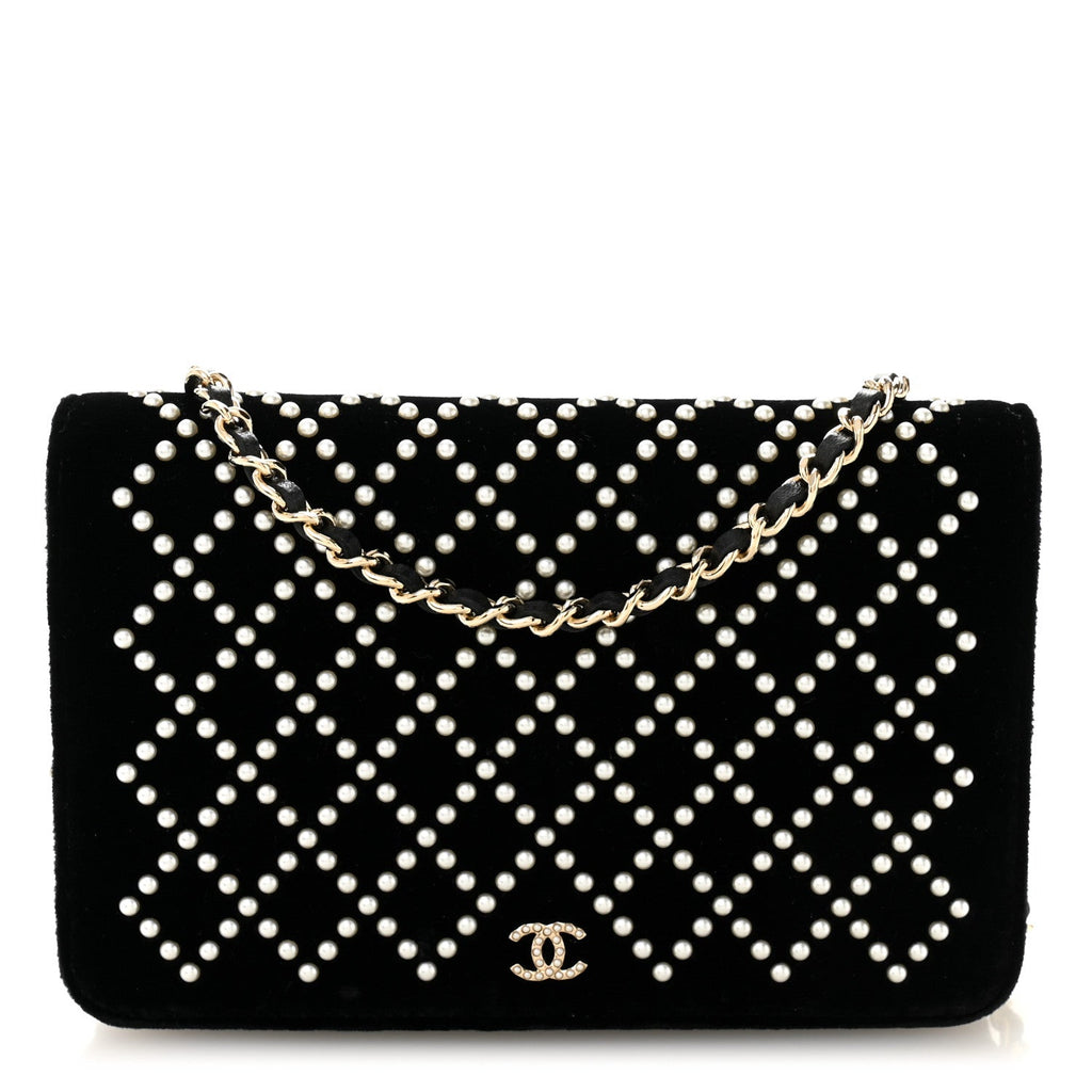 Velvet Pearl Diamond Embellished Wallet On Chain WOC Black wholesalehk.shop