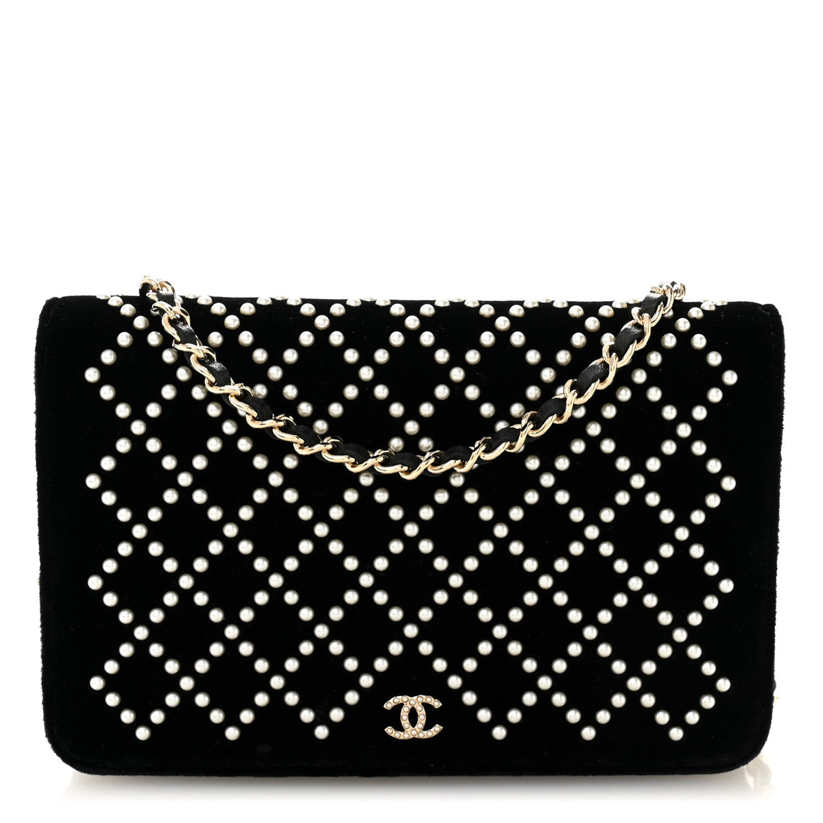 Velvet Pearl Diamond Embellished Wallet On Chain WOC Black wholesalehk.shop