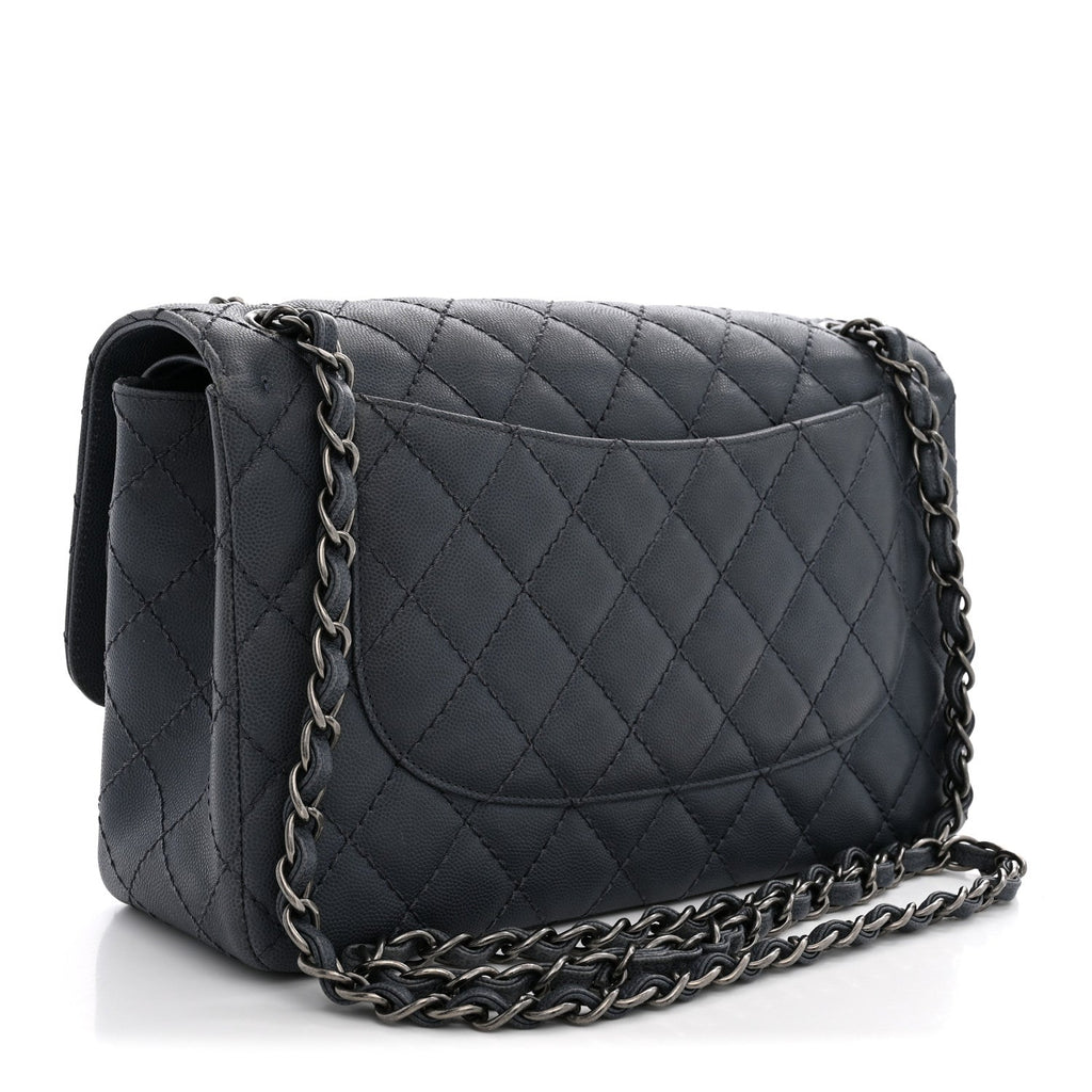 Washed Caviar Quilted Jumbo Double Flap Dark Grey wholesalehk.shop