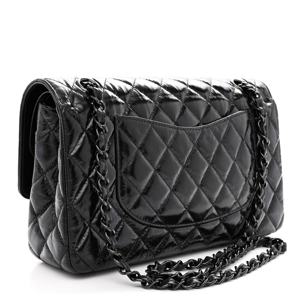 Shiny Crumpled Calfskin Quilted Medium Double Flap So Black wholesalehk.shop