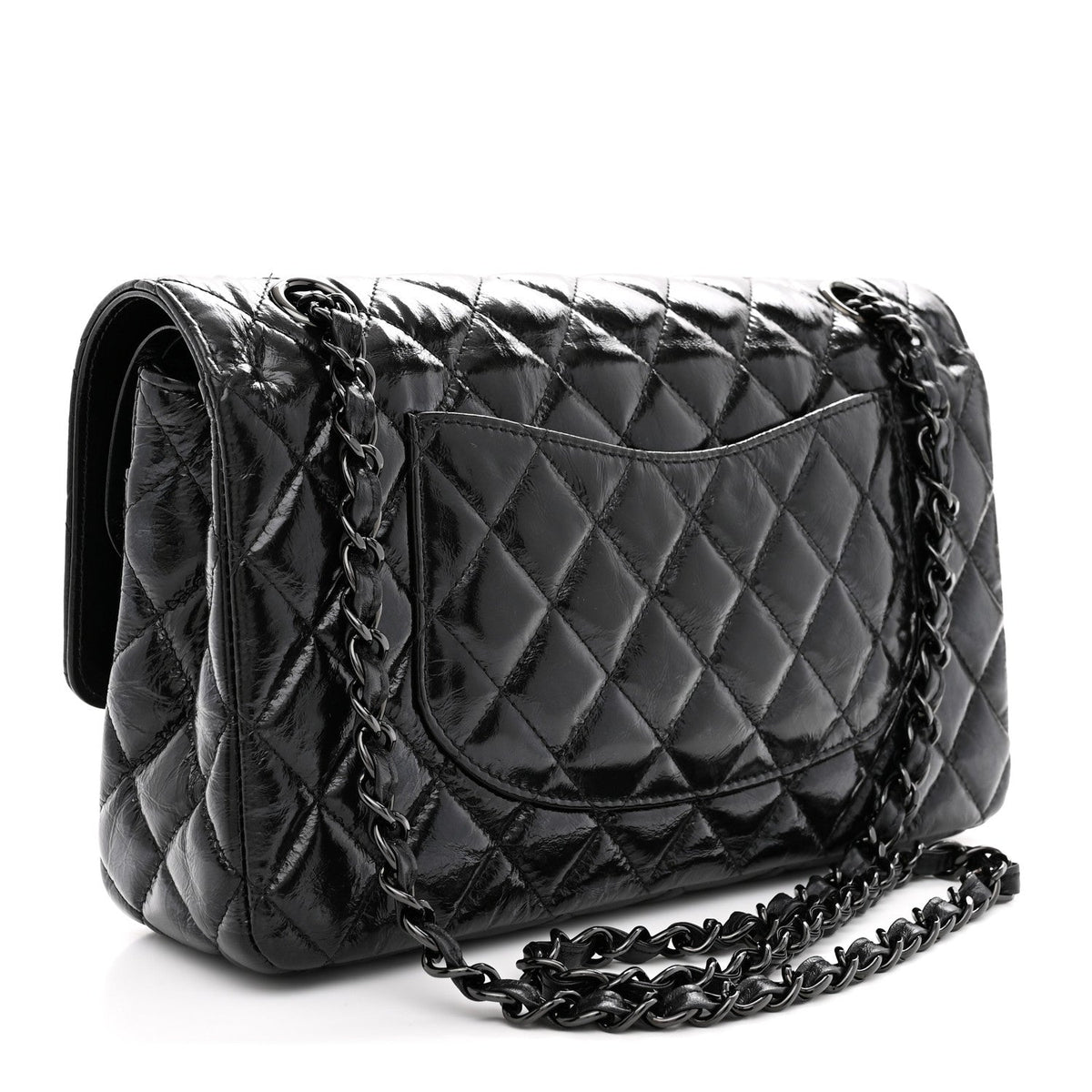 Shiny Crumpled Calfskin Quilted Medium Double Flap So Black wholesalehk.shop