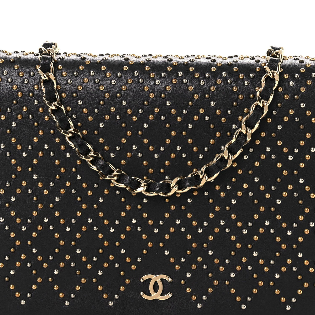 Lambskin Studded Wallet on Chain WOC Grey wholesalehk.shop