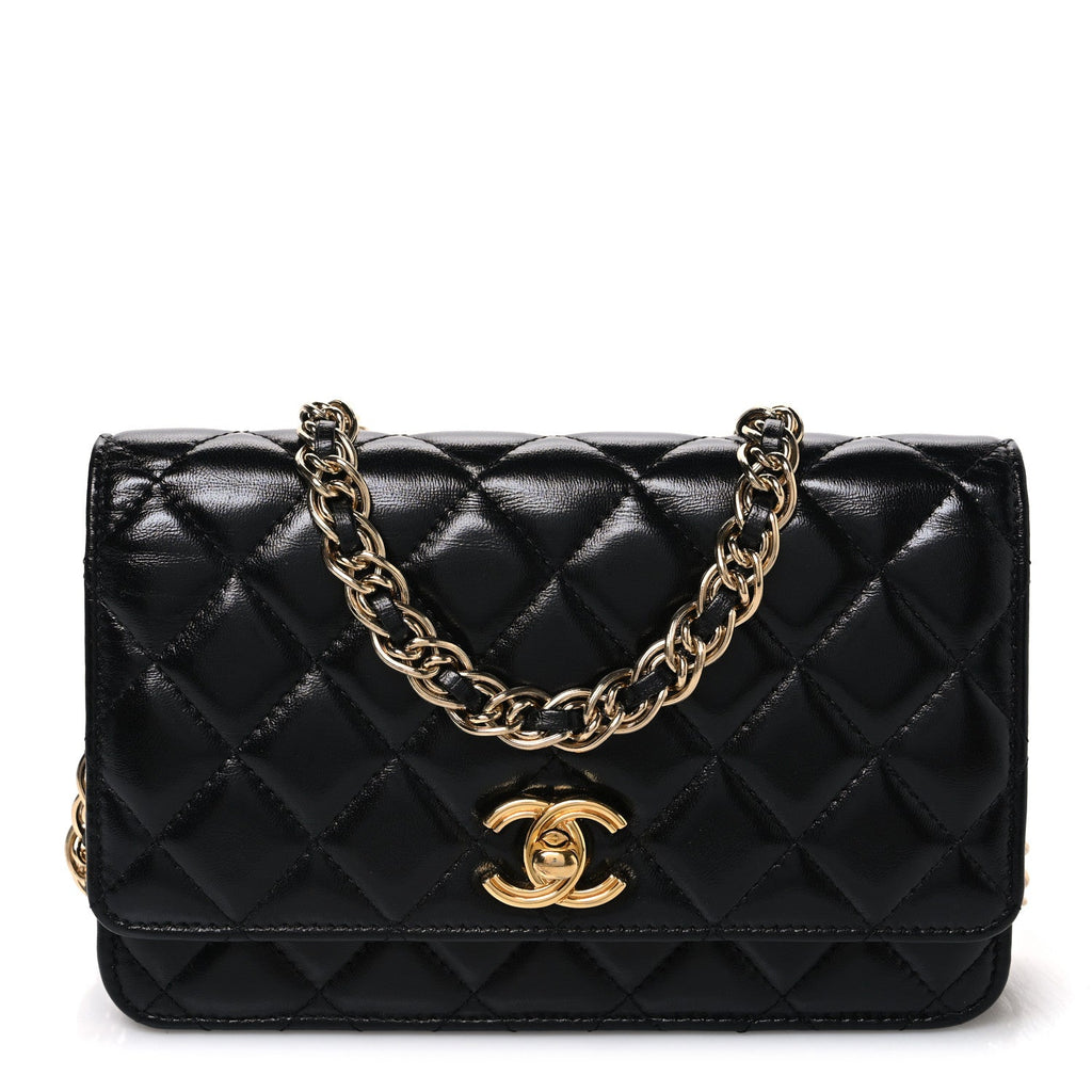 Shiny Lambskin Quilted Golden Links Wallet On Chain WOC Black wholesalehk.shop