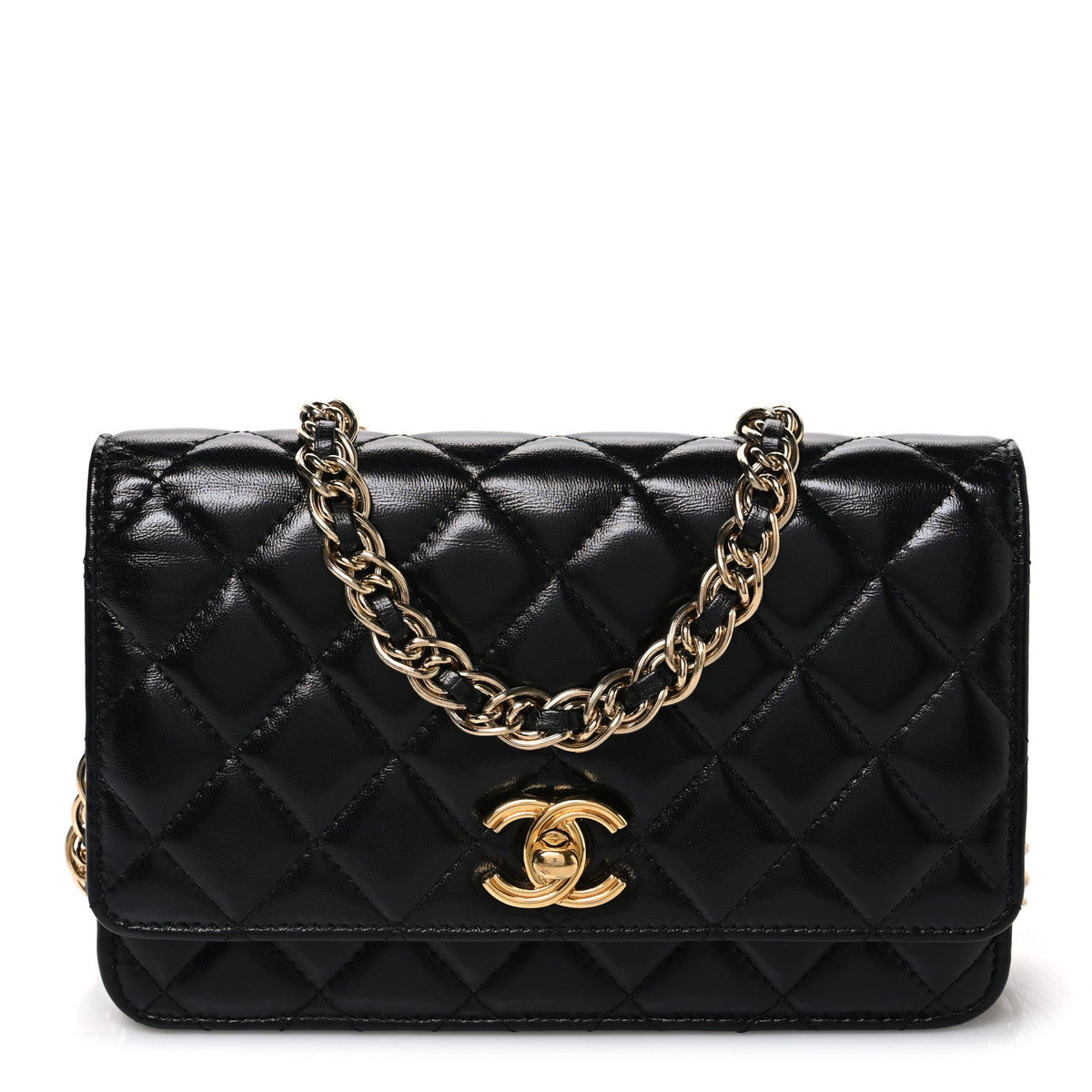Shiny Lambskin Quilted Golden Links Wallet On Chain WOC Black wholesalehk.shop