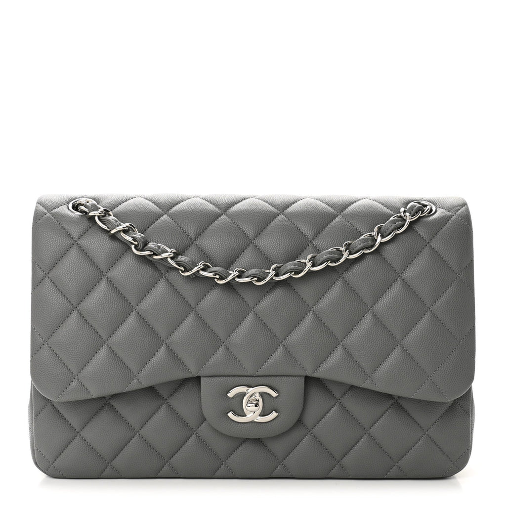 Caviar Quilted Jumbo Double Flap Grey wholesalehk.shop