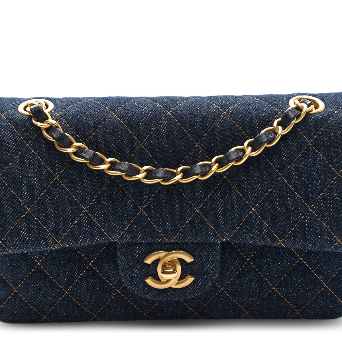 Denim Quilted Small Double Flap Dark Blue Orange wholesalehk.shop