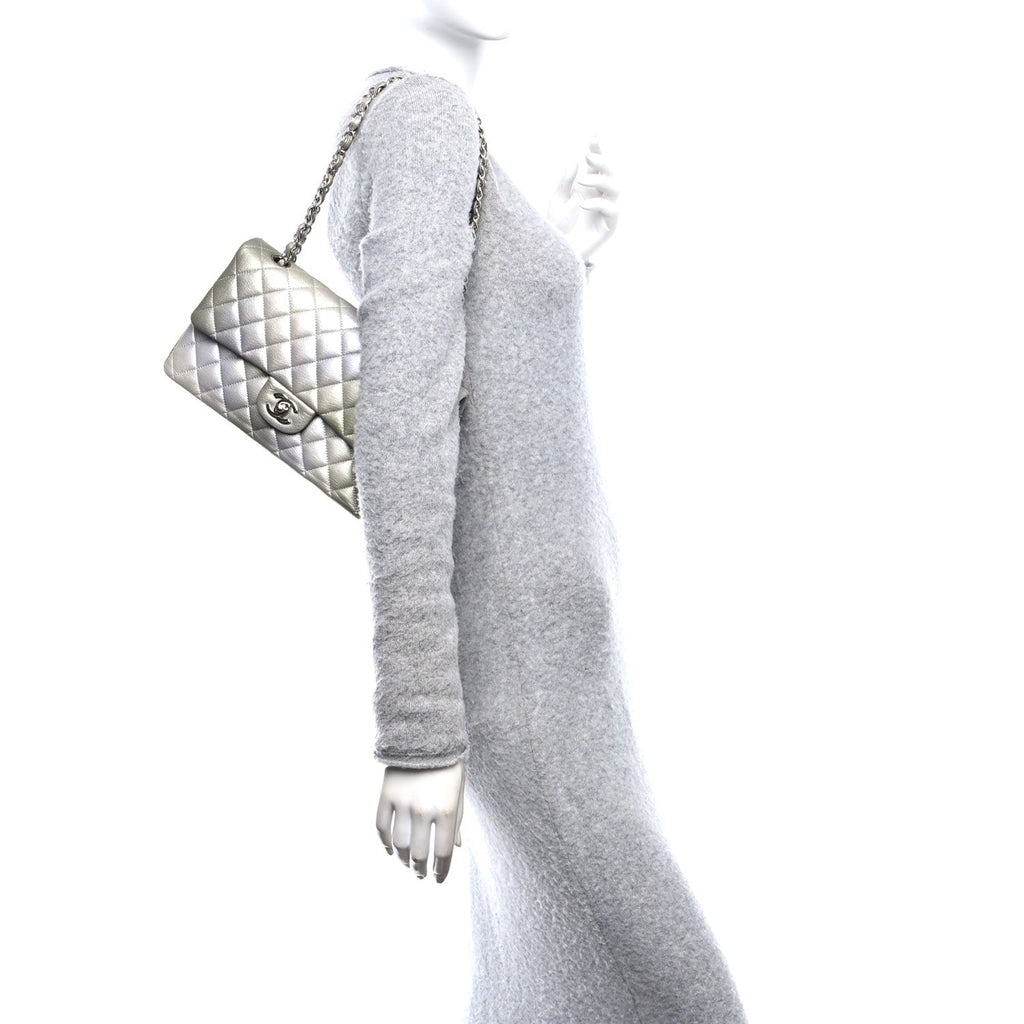 Metallic Goatskin Quilted Ombre Medium Double Flap Grey Green wholesalehk.shop