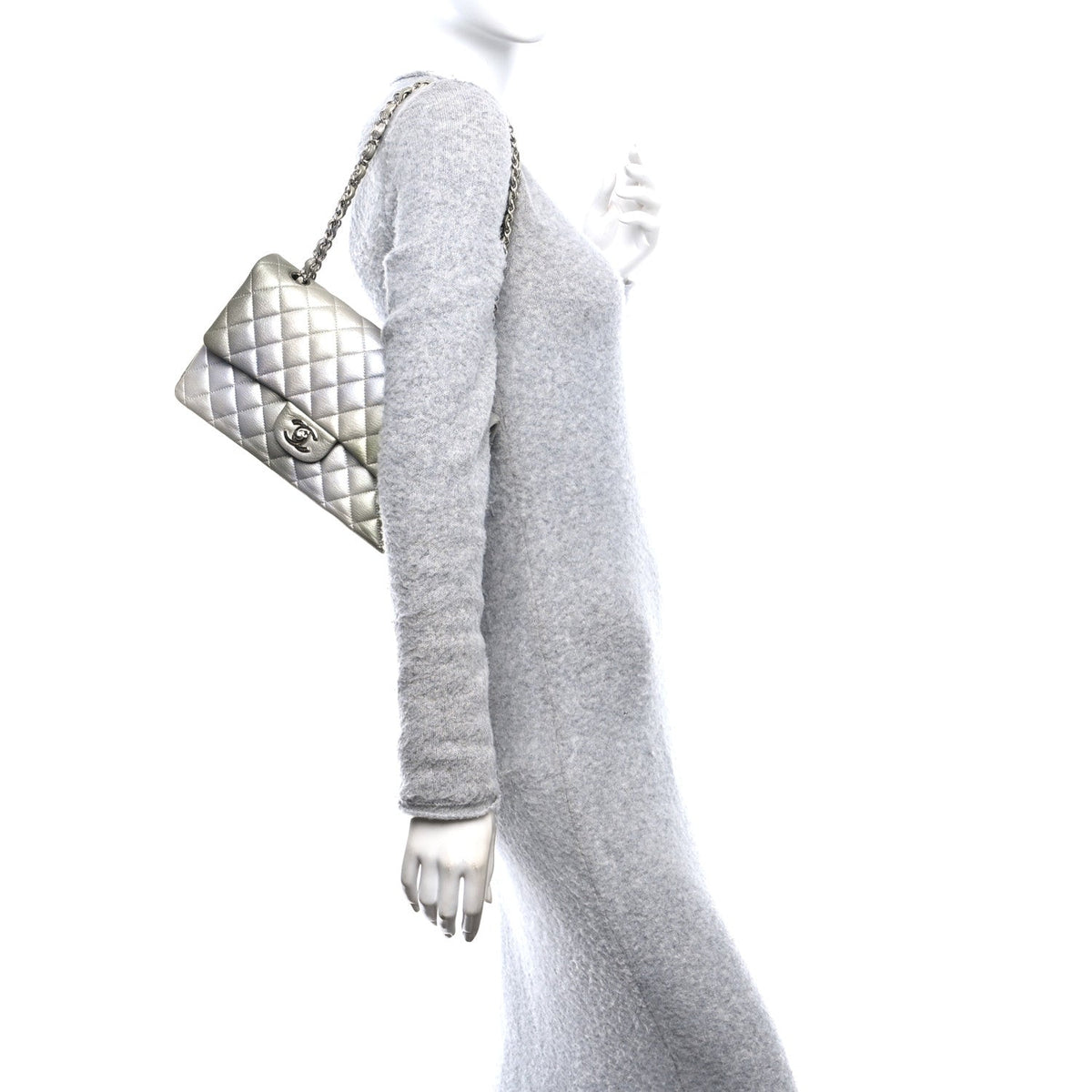 Metallic Goatskin Quilted Ombre Medium Double Flap Grey Green wholesalehk.shop