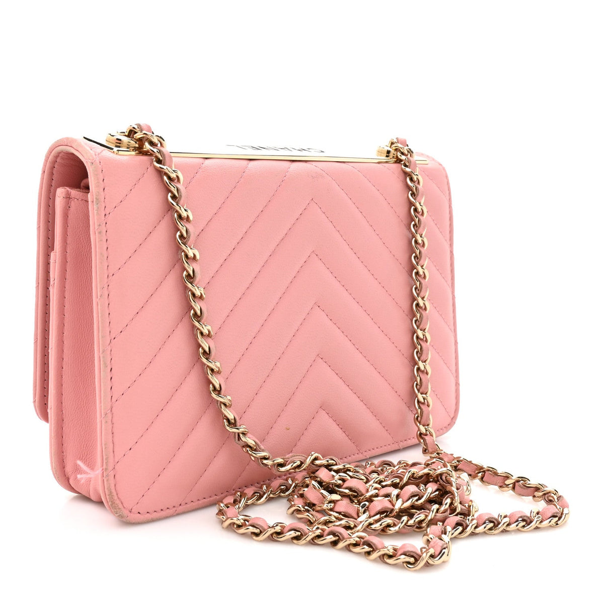 Lambskin Chevron Quilted Trendy CC Wallet On Chain WOC Pink wholesalehk.shop