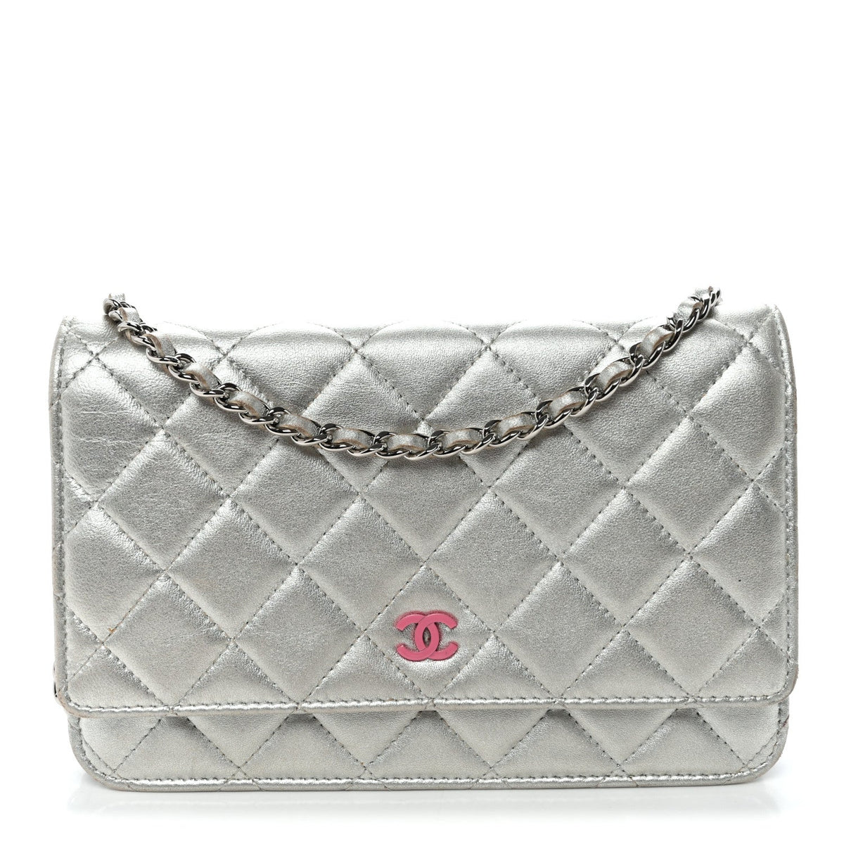Metallic Lambskin Quilted Wallet On Chain WOC Silver wholesalehk.shop