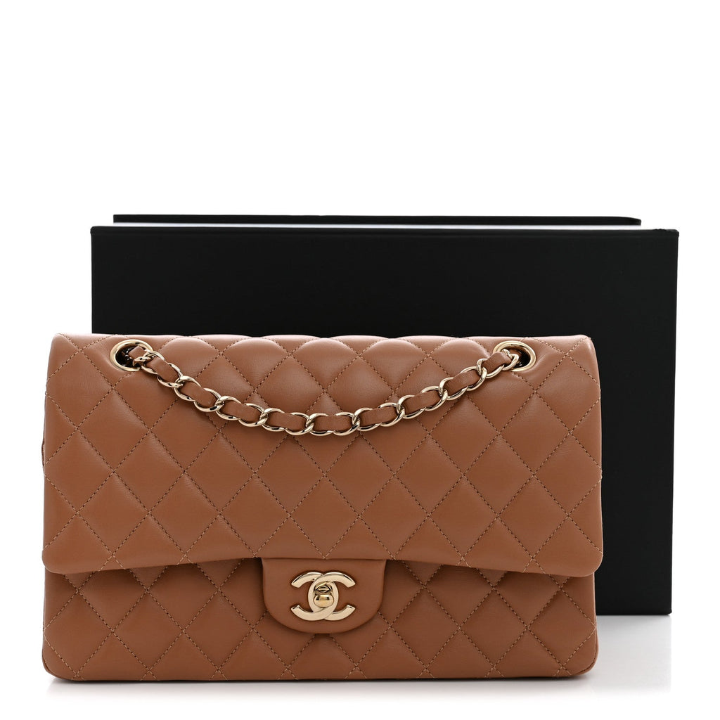 Lambskin Quilted Medium Double Flap Brown wholesalehk.shop