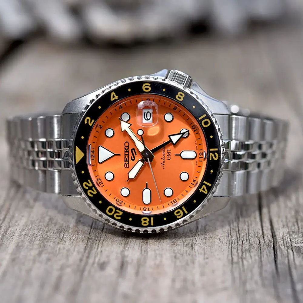 Seiko 5 Sports GMT Automatic Orange Dial Silver Steel Strap Watch For Men - SSK005K1 wholesalehk.shop
